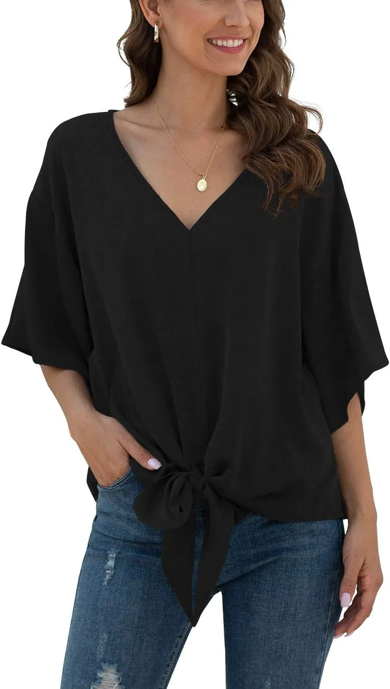 VIISHOW Womens Tie Front Chiffon Blouses V Neck Batwing Short Sleeve Summer Tops Shirts