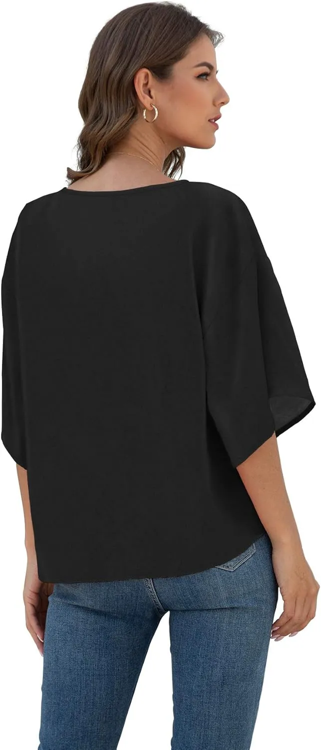 VIISHOW Womens Tie Front Chiffon Blouses V Neck Batwing Short Sleeve Summer Tops Shirts