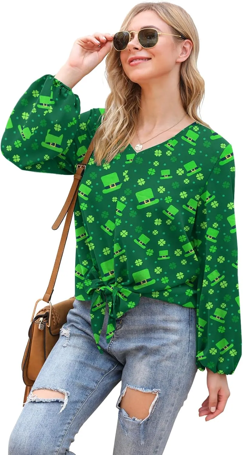 VIISHOW Womens Tie Front Knot Lartern Sleeve Loose Fit V Neck Floral Blouses Chiffon Tops Shirts