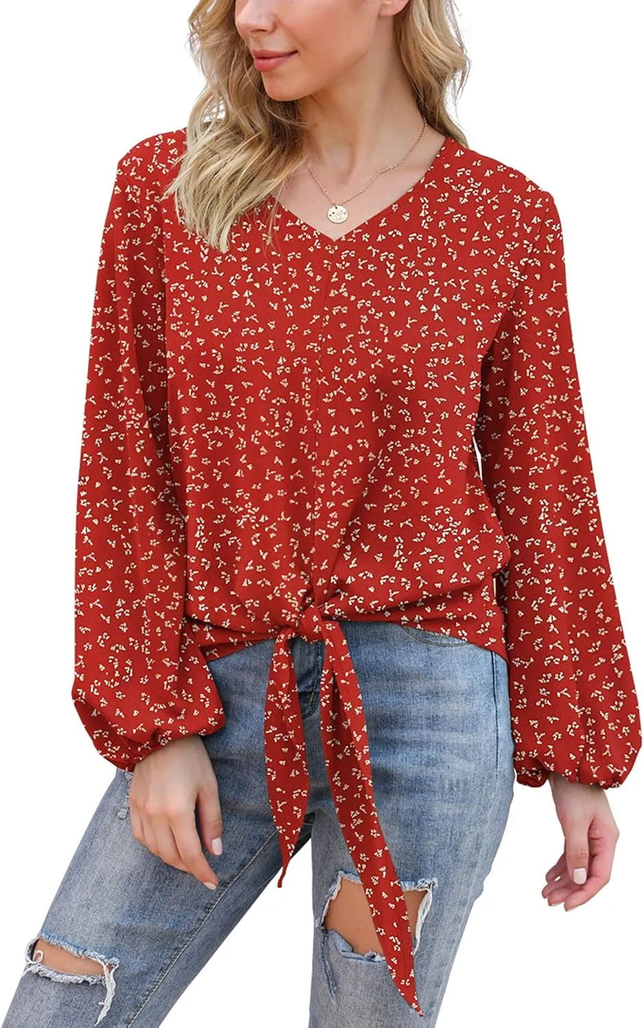 VIISHOW Womens Tie Front Knot Lartern Sleeve Loose Fit V Neck Floral Blouses Chiffon Tops Shirts