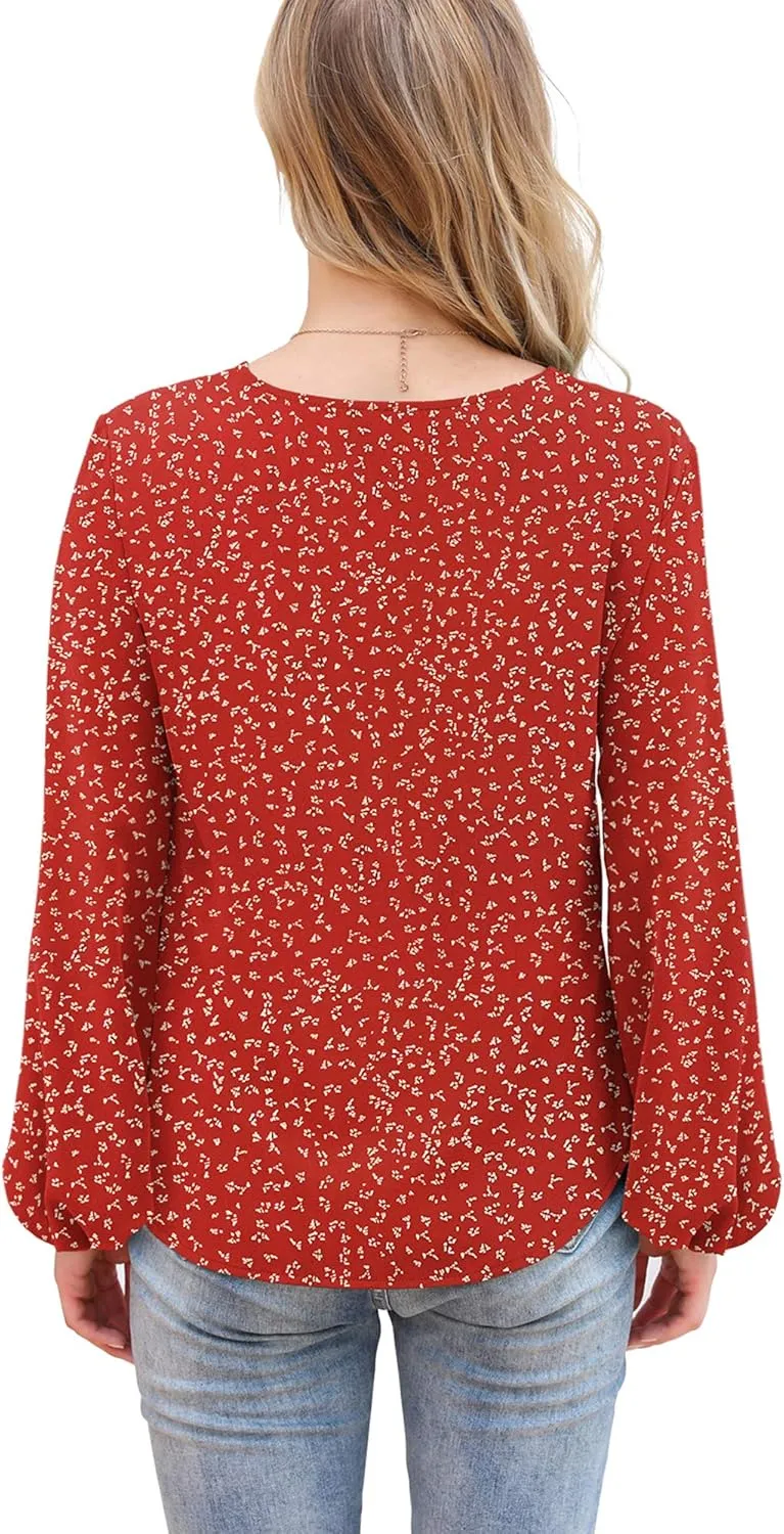 VIISHOW Womens Tie Front Knot Lartern Sleeve Loose Fit V Neck Floral Blouses Chiffon Tops Shirts