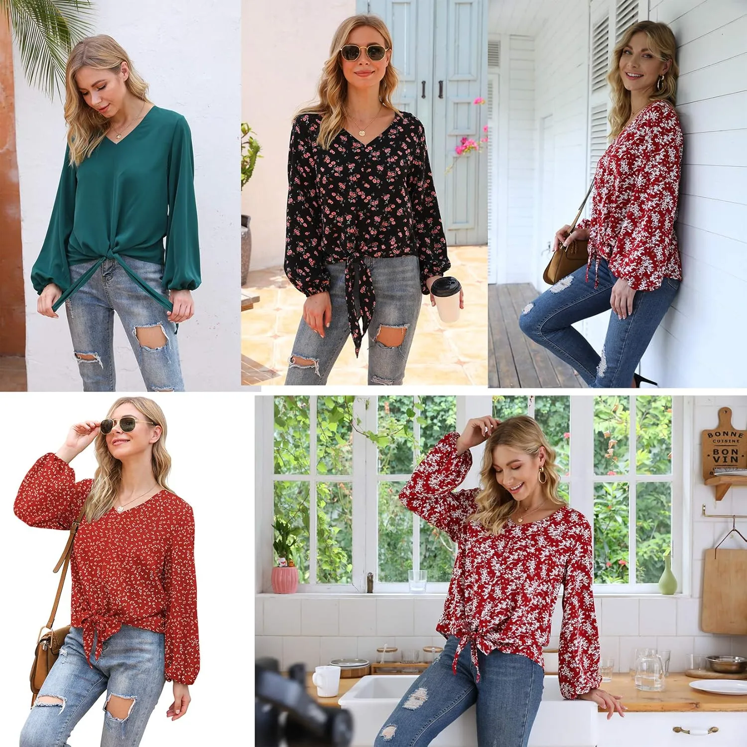 VIISHOW Womens Tie Front Knot Lartern Sleeve Loose Fit V Neck Floral Blouses Chiffon Tops Shirts