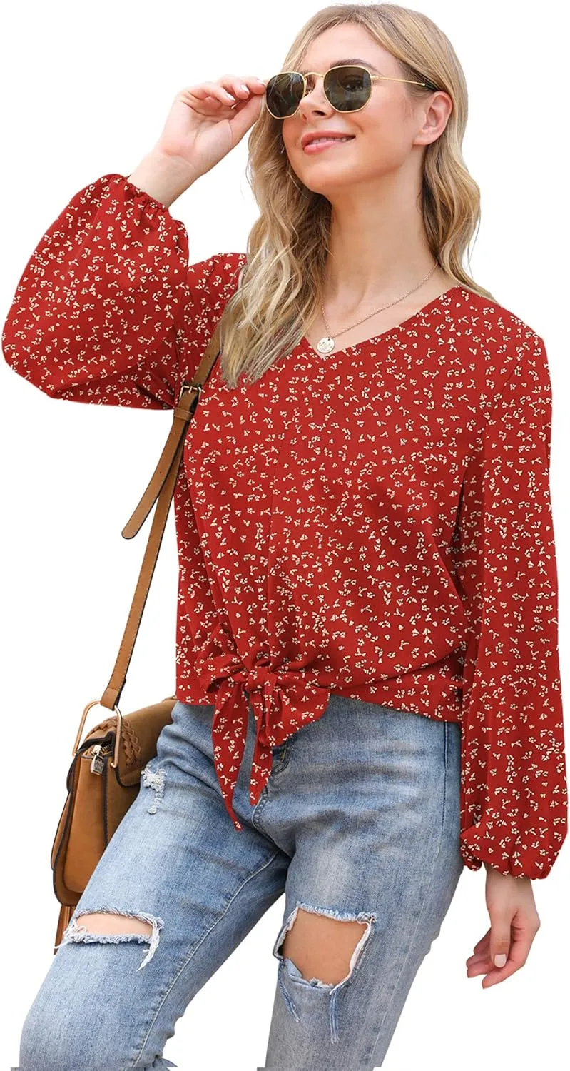 VIISHOW Womens Tie Front Knot Lartern Sleeve Loose Fit V Neck Floral Blouses Chiffon Tops Shirts