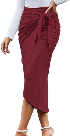 WISFRUIT Women's Maxi Skirt High Waist Ruched Pencil Long Skirts Casual Slit Bow Tie Wrap Skirt