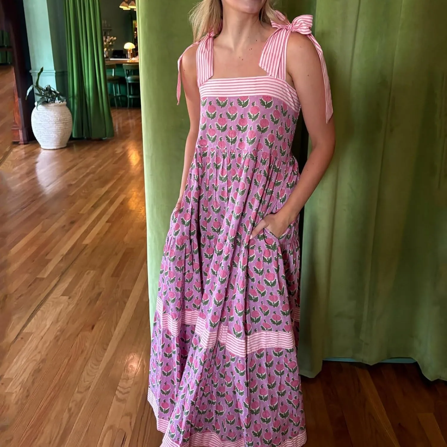 Women Y2k Boho Maxi Dress Tie Shoulder Backless Strappy Tiered Flowy Dress 2024 Summer Floral Beach Sundress