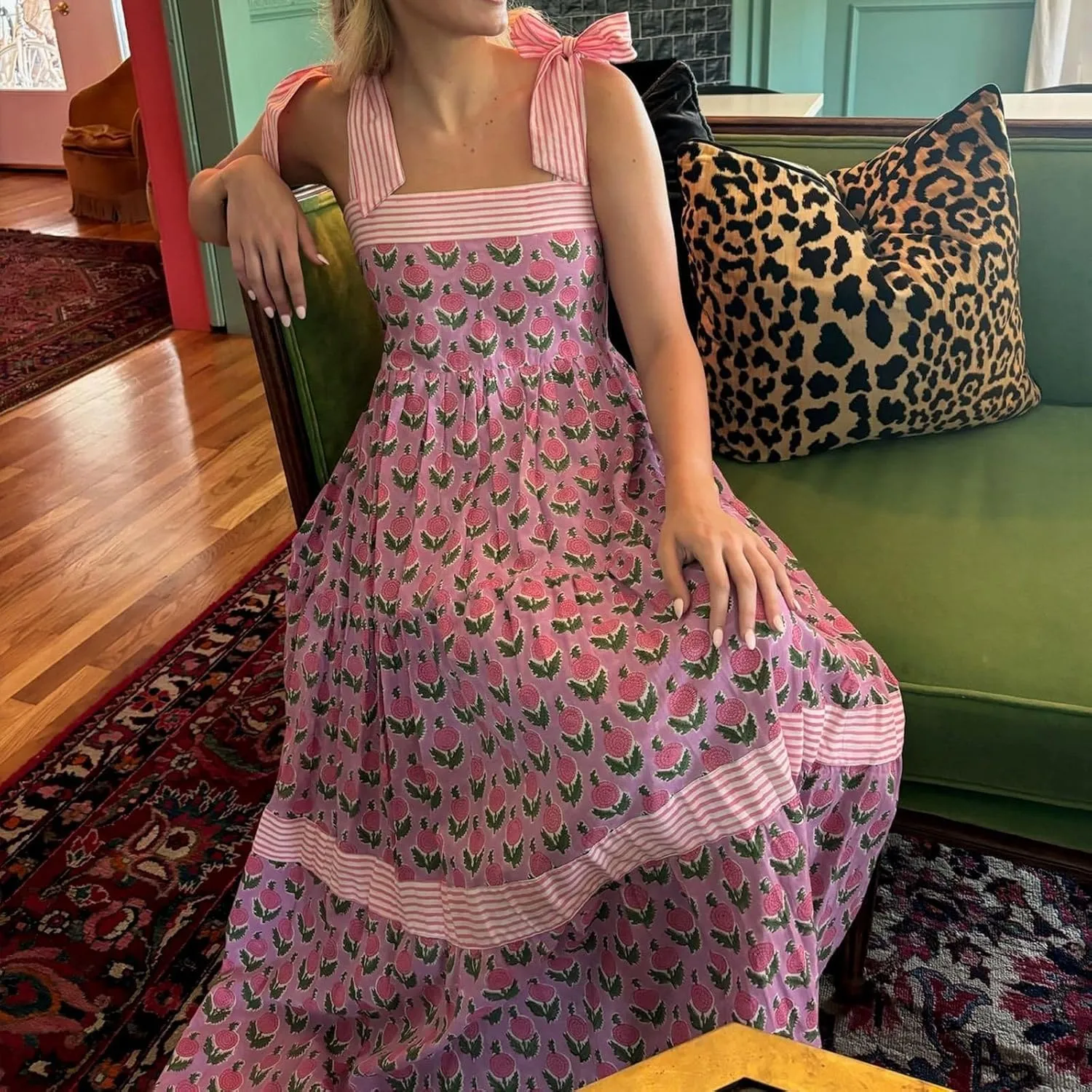 Women Y2k Boho Maxi Dress Tie Shoulder Backless Strappy Tiered Flowy Dress 2024 Summer Floral Beach Sundress