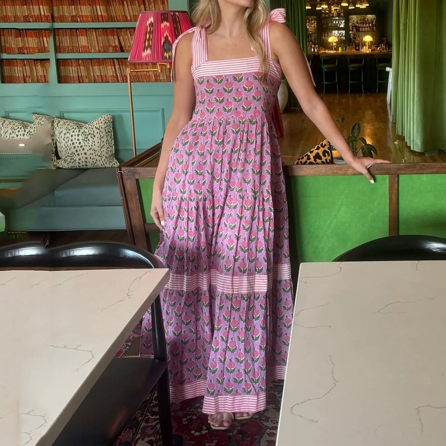 Women Y2k Boho Maxi Dress Tie Shoulder Backless Strappy Tiered Flowy Dress 2024 Summer Floral Beach Sundress