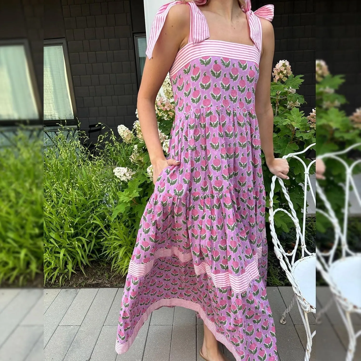 Women Y2k Boho Maxi Dress Tie Shoulder Backless Strappy Tiered Flowy Dress 2024 Summer Floral Beach Sundress