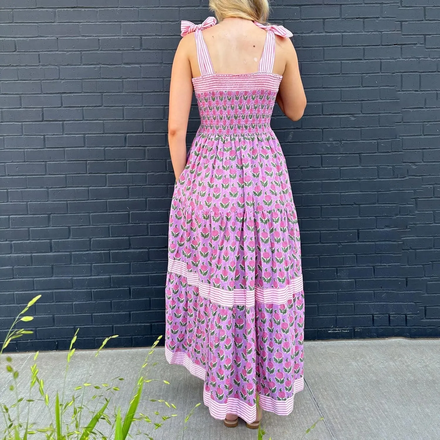 Women Y2k Boho Maxi Dress Tie Shoulder Backless Strappy Tiered Flowy Dress 2024 Summer Floral Beach Sundress