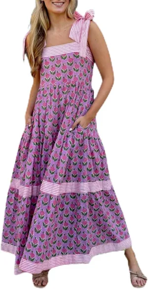 Women Y2k Boho Maxi Dress Tie Shoulder Backless Strappy Tiered Flowy Dress 2024 Summer Floral Beach Sundress