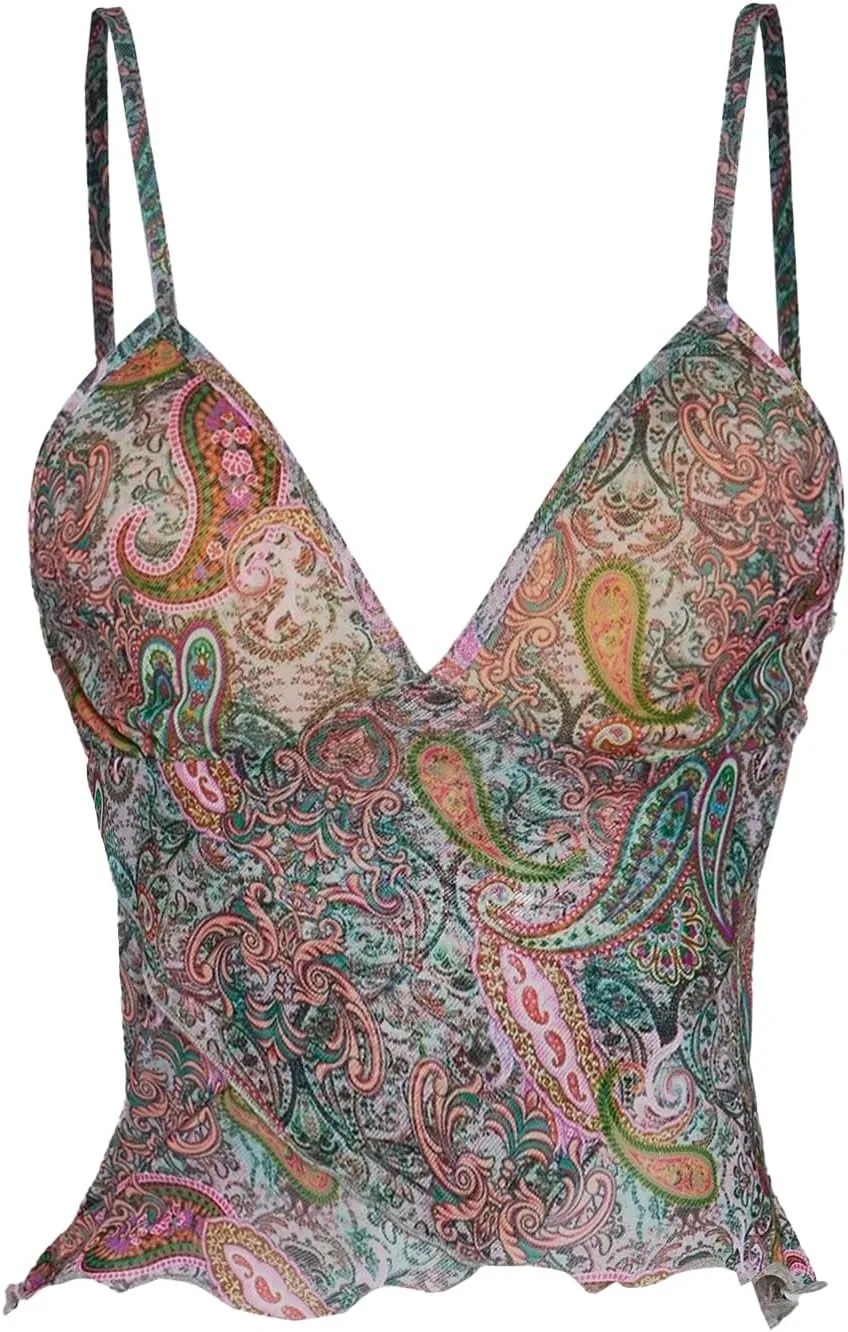Women's Y2K Paisley Mesh Wrap Camisole Tops V Neck Spaghetti Strap Lettuce Trim Crop Tank Top
