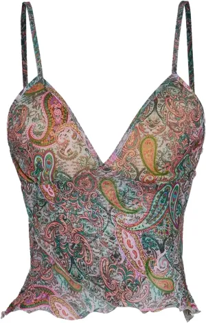 Women's Y2K Paisley Mesh Wrap Camisole Tops V Neck Spaghetti Strap Lettuce Trim Crop Tank Top