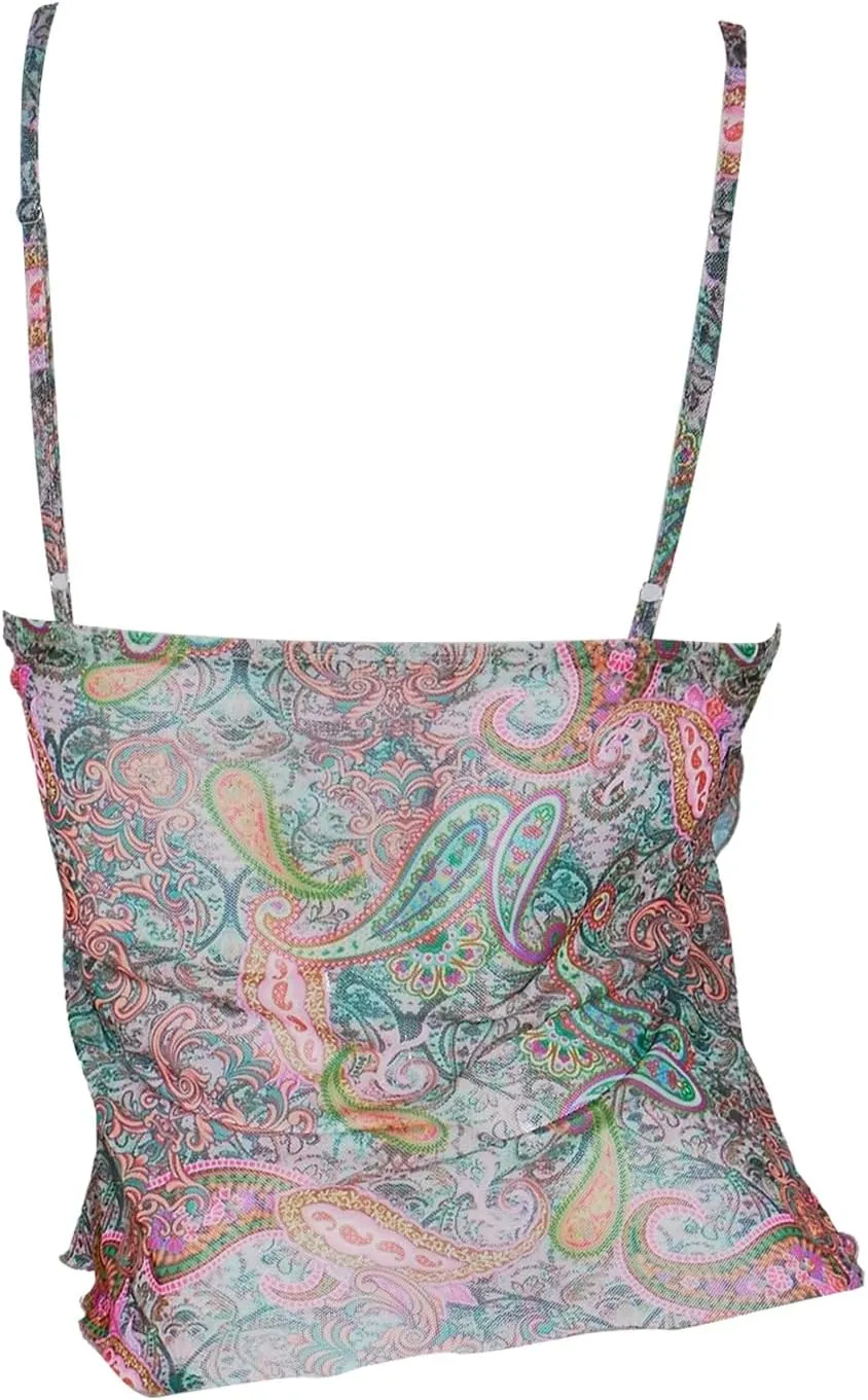 Women's Y2K Paisley Mesh Wrap Camisole Tops V Neck Spaghetti Strap Lettuce Trim Crop Tank Top