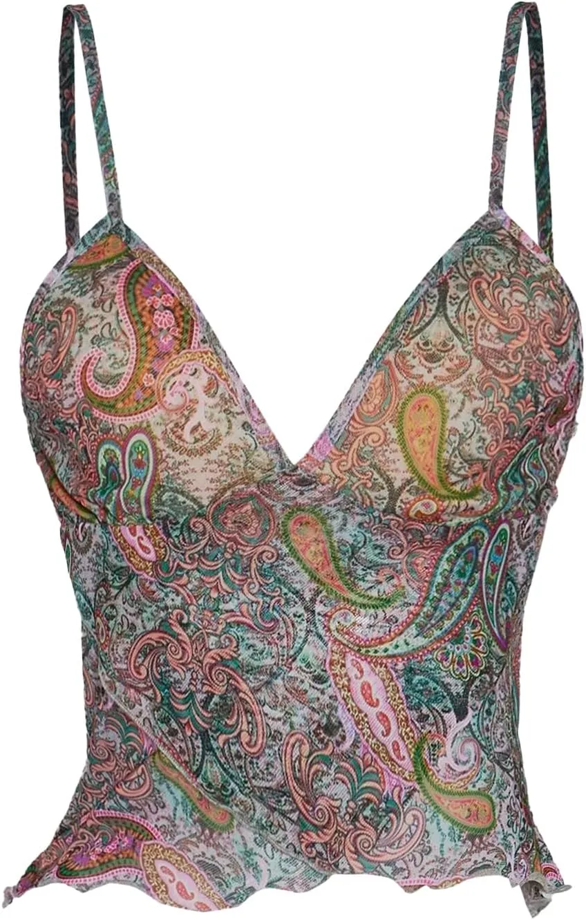 Women's Y2K Paisley Mesh Wrap Camisole Tops V Neck Spaghetti Strap Lettuce Trim Crop Tank Top